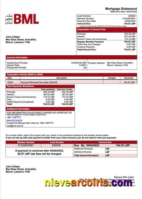 Lebanon Banque Misr Liban mortgage statement Word and PDF template
